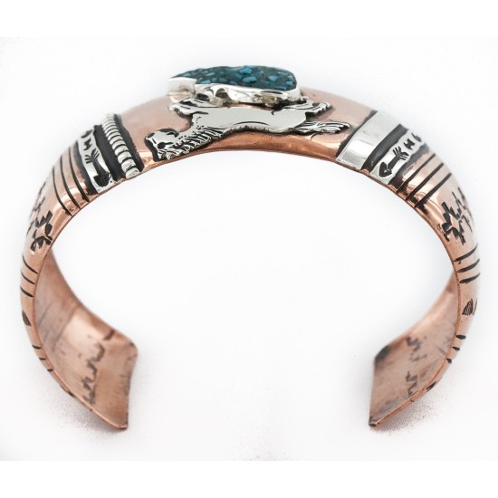 Handmade Certified Authentic Horse Navajo .925 Sterling Silver and Pure Copper Natural Chips Turquoise Wide Native American Bracelet 24443