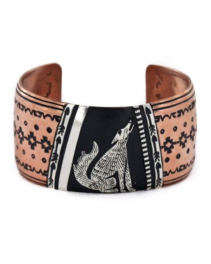 Handmade Certified Authentic Wolf Navajo .925 Sterling Silver and Pure Copper Wide Native American Bracelet 24444