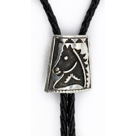 Handmade Horse Certified Authentic Leather Navajo .925 Sterling Silver Native American Bolo Tie  24418-1