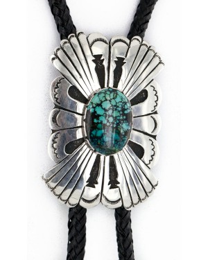 Large Handmade Certified Authentic Leather Navajo .925 Sterling Silver Natural Turquoise Native American Bolo Tie  24416