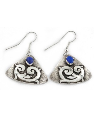 .925 Sterling Silver Handmade Certified Authentic Navajo Natural Lapis Dangle Native American Earrings 24439-3
