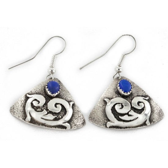 .925 Sterling Silver Handmade Certified Authentic Navajo Natural Lapis Dangle Native American Earrings 24439-3