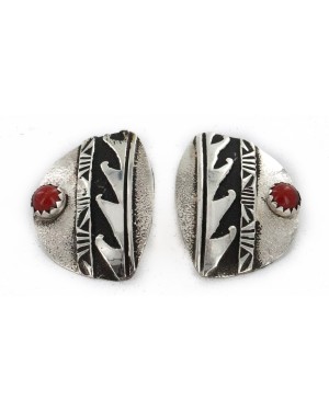 .925 Sterling Silver Wave Handmade Certified Authentic Navajo Natural Coral Stud Native American Earrings 24439-2