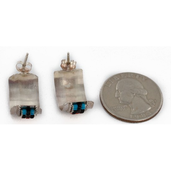 Large Certified Authentic Handmade Navajo .925 Sterling Silver Beaded Multicolor Stud Native American Earrings 18101-1