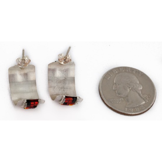 Large Certified Authentic Handmade Navajo .925 Sterling Silver Beaded Multicolor Stud Native American Earrings 18101-2