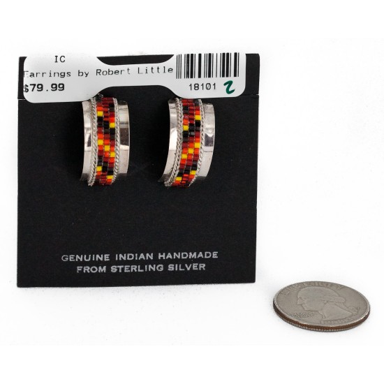 Large Certified Authentic Handmade Navajo .925 Sterling Silver Beaded Multicolor Stud Native American Earrings 18101-2
