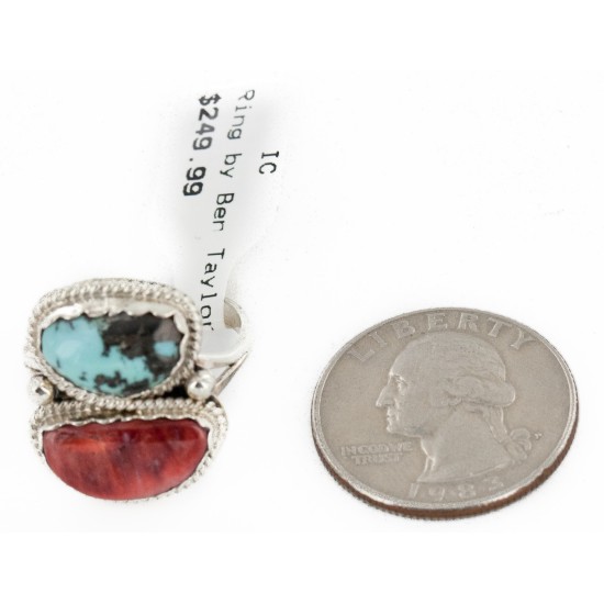 .925 Sterling Silver Handmade Certified Authentic Navajo Natural Turquoise and Spiny Oyster Native American Ring  17002-2