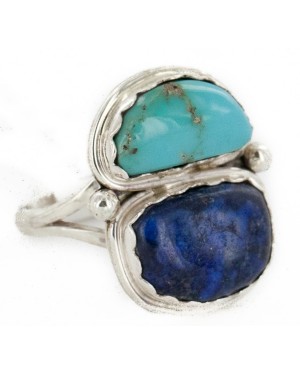 .925 Sterling Silver Handmade Certified Authentic Navajo Natural Turquoise and Lapis Native American Ring  17002-12