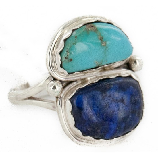 .925 Sterling Silver Handmade Certified Authentic Navajo Natural Turquoise and Lapis Native American Ring  17002-12