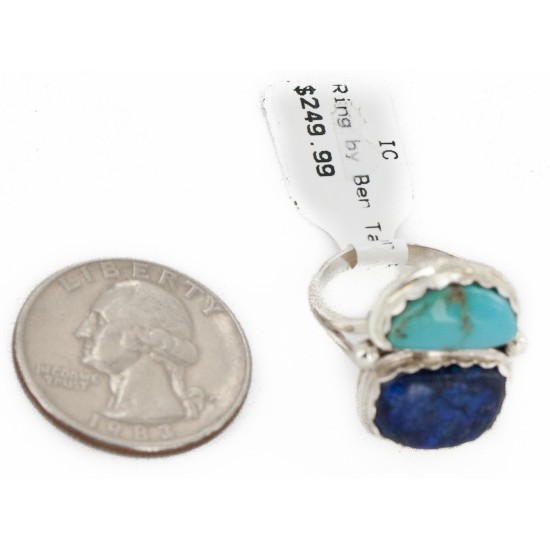 .925 Sterling Silver Handmade Certified Authentic Navajo Natural Turquoise and Lapis Native American Ring  17002-12