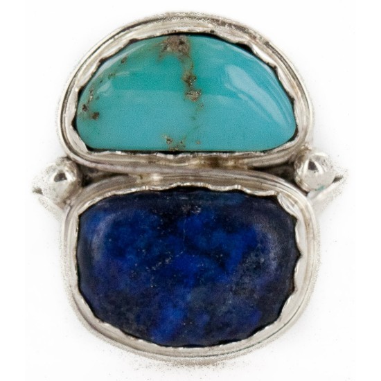 .925 Sterling Silver Handmade Certified Authentic Navajo Natural Turquoise and Lapis Native American Ring  17002-12