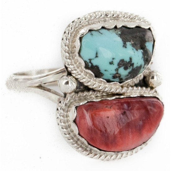 .925 Sterling Silver Handmade Certified Authentic Navajo Natural Turquoise and Spiny Oyster Native American Ring  17002-2