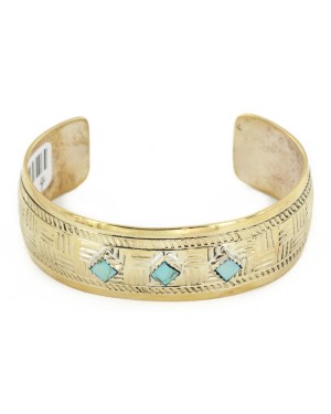 Handmade Certified Authentic Navajo Pure Brass Native American Bracelet Natural Turquoise 12861-4