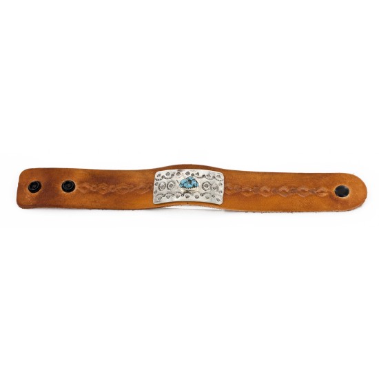 Handmade Leather Certified Authentic Navajo Natural Turquoise Native American Bracelet 12848-2