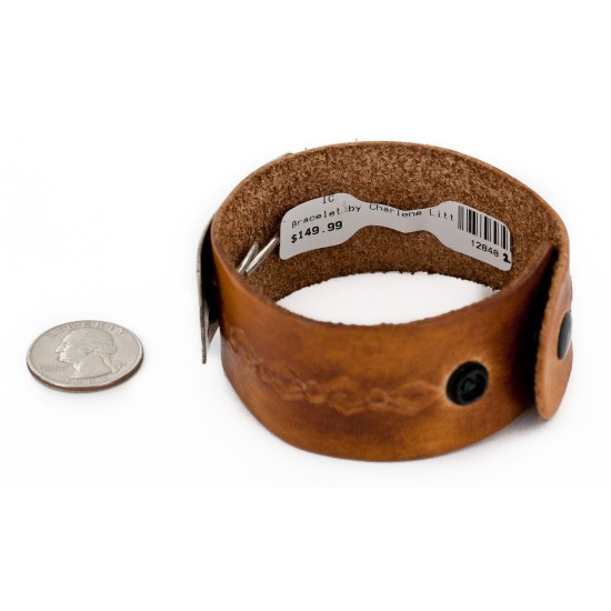 Handmade Leather Certified Authentic Navajo Natural Turquoise Native American Bracelet 12848-2