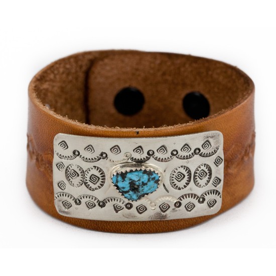Handmade Leather Certified Authentic Navajo Natural Turquoise Native American Bracelet 12848-2