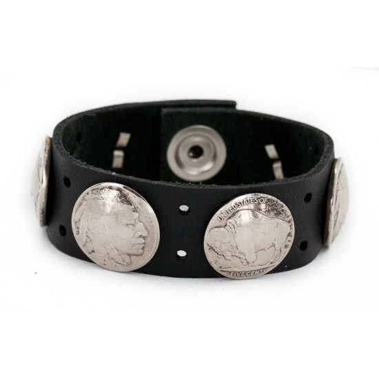 Handmade LEATHER Certified Authentic Vintage Style Buffalo Nickels Navajo Native American Bracelet 1288-2