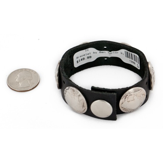 Handmade LEATHER Certified Authentic Vintage Style Buffalo Nickels Navajo Native American Bracelet 1288-2