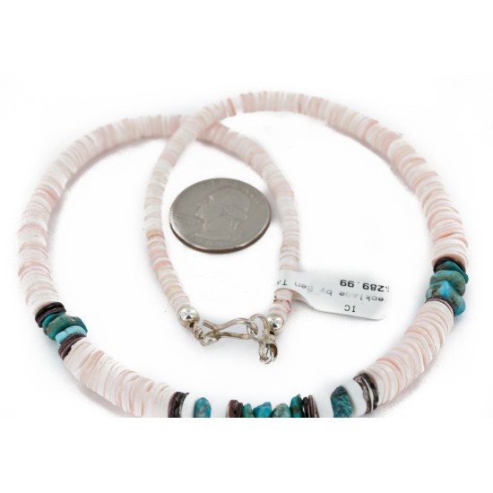 Certified Authentic Navajo .925 Sterling Silver Graduated Melon Shell and Turquoise Native American Necklace 1 16051-1
