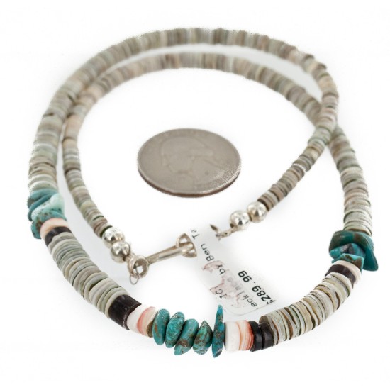 Certified Authentic Navajo .925 Sterling Silver Graduated Melon Shell and Turquoise Native American Necklace 16051-2