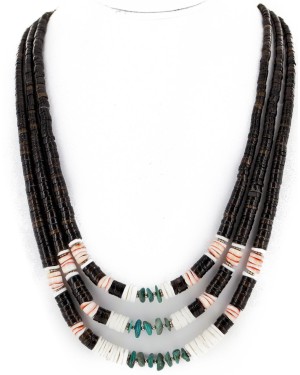 Hand made Certified Authentic 3 Strand Navajo .925 Sterling Silver Graduated Heishi and Turquoise Native American Necklace 25213