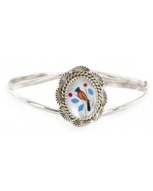 Handmade Bird Certified Authentic Navajo .925 Sterling Silver Natural Turquoise Coral Mother of Pearl Onyx Inlay Native American Bracelet 12825-1