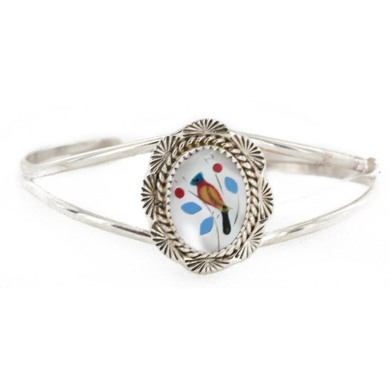 Handmade Bird Certified Authentic Navajo .925 Sterling Silver Natural Turquoise Coral Mother of Pearl Onyx Inlay Native American Bracelet 12825-1