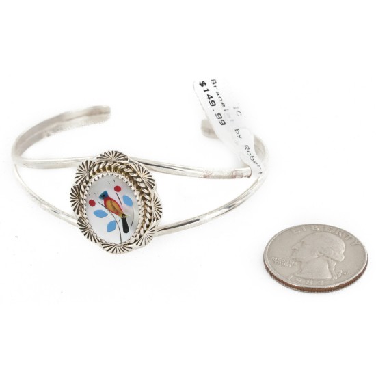 Handmade Bird Certified Authentic Navajo .925 Sterling Silver Natural Turquoise Coral Mother of Pearl Onyx Inlay Native American Bracelet 12825-1