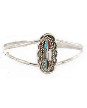 Handmade Certified Authentic Navajo .925 Sterling Silver Natural Turquoise Coral Mother of Pearl Inlay Native American Bracelet 12827-2