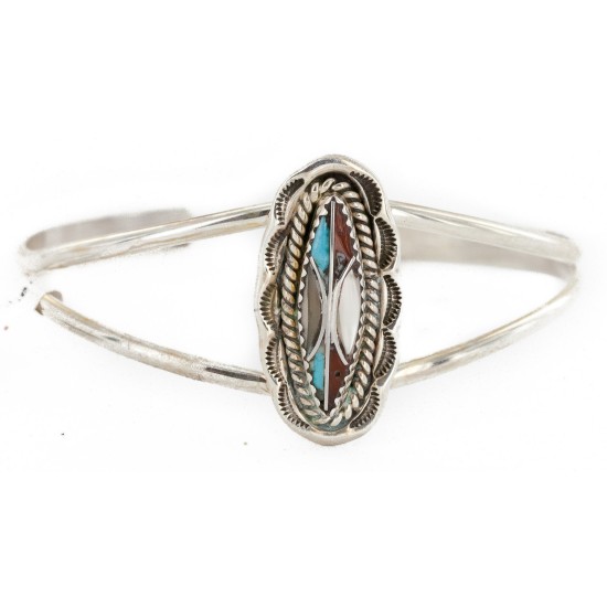 Handmade Certified Authentic Navajo .925 Sterling Silver Natural Turquoise Coral Mother of Pearl Inlay Native American Bracelet 12827-2