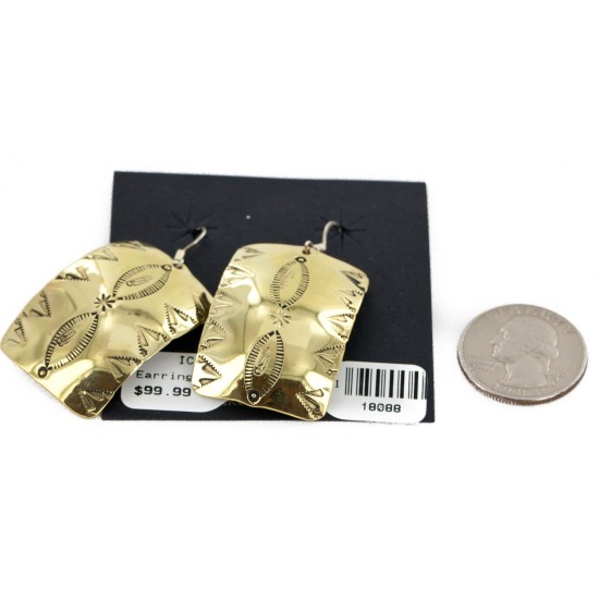 Handmade Certified Authentic Feather Navajo Handstamped Pure Brass Dangle Native American Earrings 18088-1