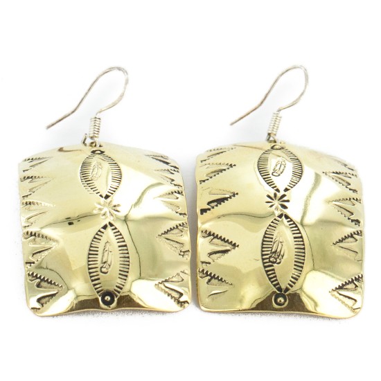 Handmade Certified Authentic Feather Navajo Handstamped Pure Brass Dangle Native American Earrings 18088-1
