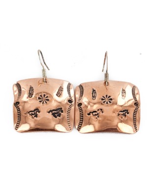 Handmade Certified Authentic Horse Feather Navajo Handstamped Pure Copper Dangle Native American Earrings 17005