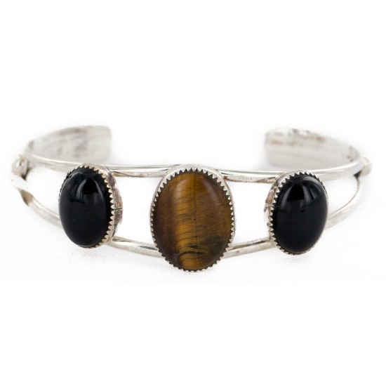 Handmade Certified Authentic Navajo .925 Sterling Silver Natural Tigers Eye Black Onyx Native American Bracelet 12820-0