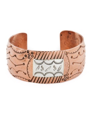 Handmade Feather Kokopelli Certified Authentic Navajo Pure .925 Sterling Silver and Copper Native American Bracelet 12783-2