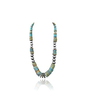 Exquisite .925 Sterling Silver Certified Authentic Navajo Native American 1 Strand Blue Green Turquoise Necklace Chain 35825