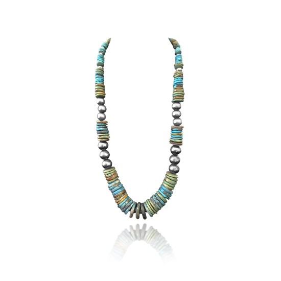 Exquisite .925 Sterling Silver Certified Authentic Navajo Native American 1 Strand Blue Green Turquoise Necklace Chain 35825