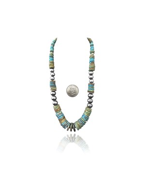 Exquisite .925 Sterling Silver Certified Authentic Navajo Native American 1 Strand Blue Green Turquoise Necklace Chain 35825