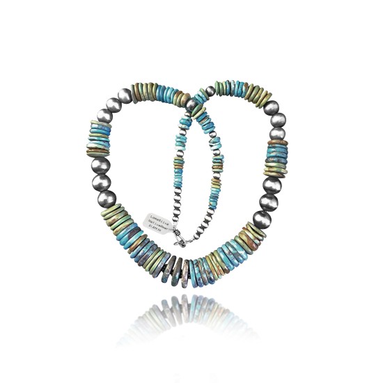 Exquisite .925 Sterling Silver Certified Authentic Navajo Native American 1 Strand Blue Green Turquoise Necklace Chain 35825
