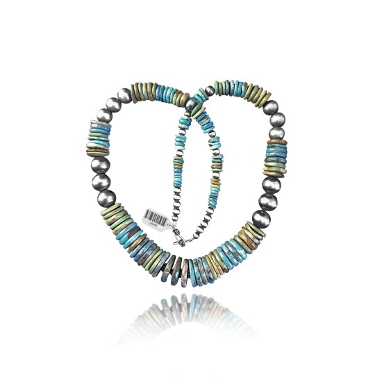 Exquisite .925 Sterling Silver Certified Authentic Navajo Native American 1 Strand Blue Green Turquoise Necklace Chain 35825