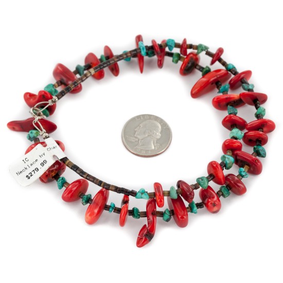 Certified Authentic Navajo .925 Sterling Silver Coral and Natural Turquoise Native American Necklace 15343-25 Certified Authentic Navajo .925 Sterling Silver Coral and Natural Turquoise Native American Necklace 15343-25