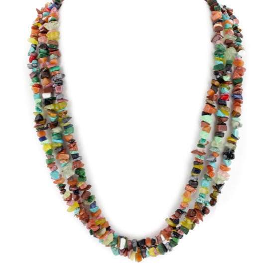 3 Strand Certified Authentic Navajo .925 Sterling Silver Natural Agate and Multicolor Stones Native American Necklace 17069