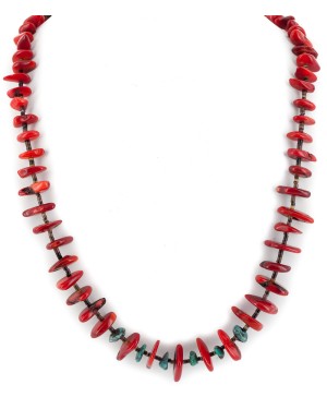 Certified Authentic Navajo .925 Sterling Silver Coral and Natural Turquoise Native American Necklace 15343-25
