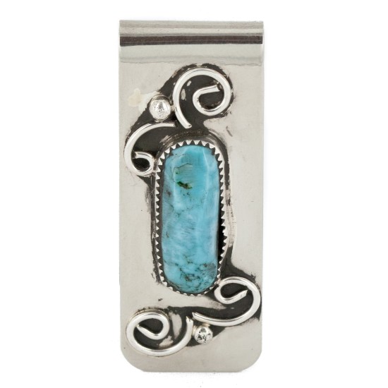 Handmade Certified Authentic Navajo Nickel and .925 Sterling Silver Natural Blue Diamond Turquoise Native American Money Clip 11264-6