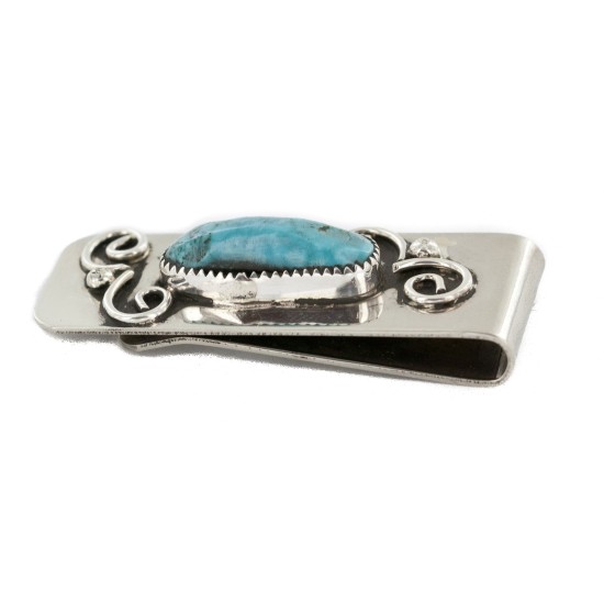 Handmade Certified Authentic Navajo Nickel and .925 Sterling Silver Natural Blue Diamond Turquoise Native American Money Clip 11264-6