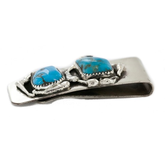 Handmade Certified Authentic Navajo Nickel and .925 Sterling Silver Natural Turquoise Native American Money Clip 10530-1