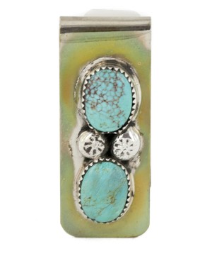 Handmade Certified Authentic Navajo Nickel and .925 Sterling Silver Natural Turquoise Native American Money Clip 10530-5