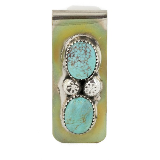 Handmade Certified Authentic Navajo Nickel and .925 Sterling Silver Natural Turquoise Native American Money Clip 10530-5