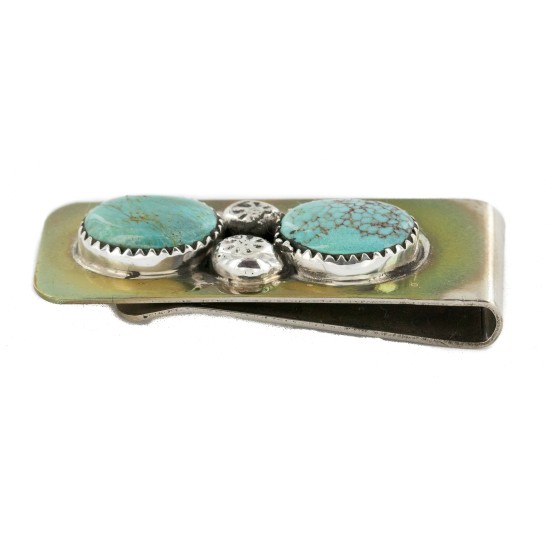 Handmade Certified Authentic Navajo Nickel and .925 Sterling Silver Natural Turquoise Native American Money Clip 10530-5