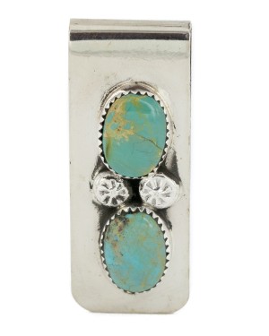 Handmade Certified Authentic Navajo Nickel and .925 Sterling Silver Natural Turquoise Native American Money Clip 10530-7